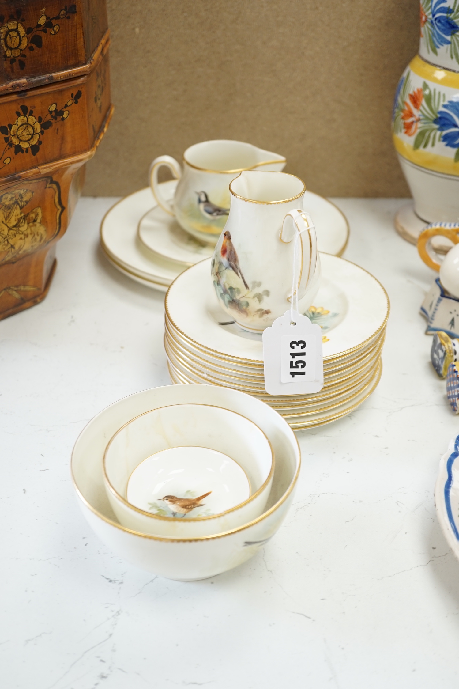 A Royal Worcester titled bird part tea set painted by W Powell
